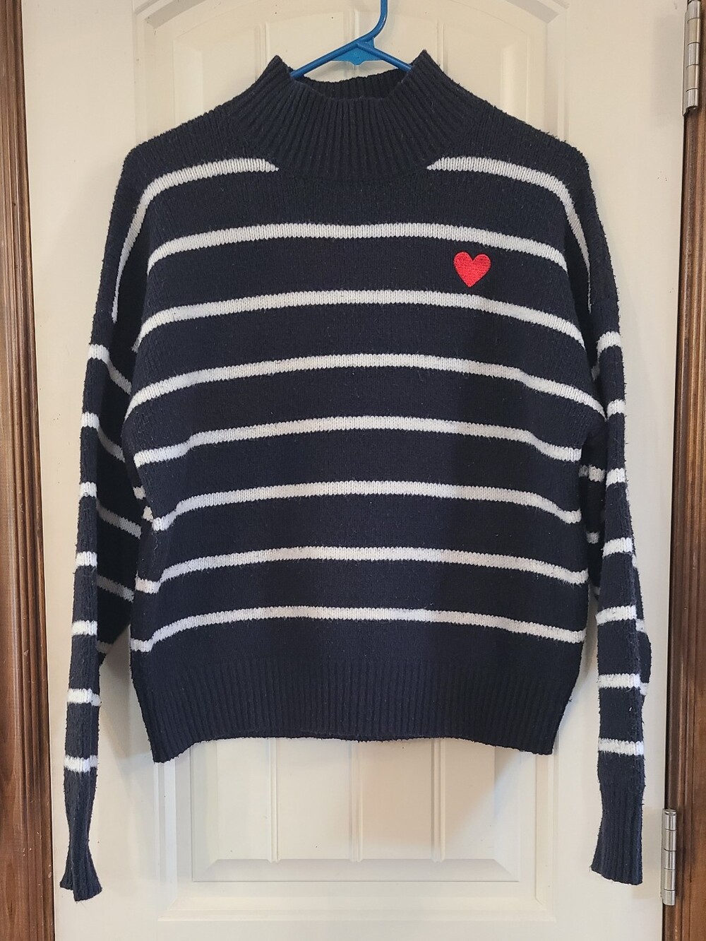 Navy Striped Crewneck Sweater with Red Heart - Women Size L